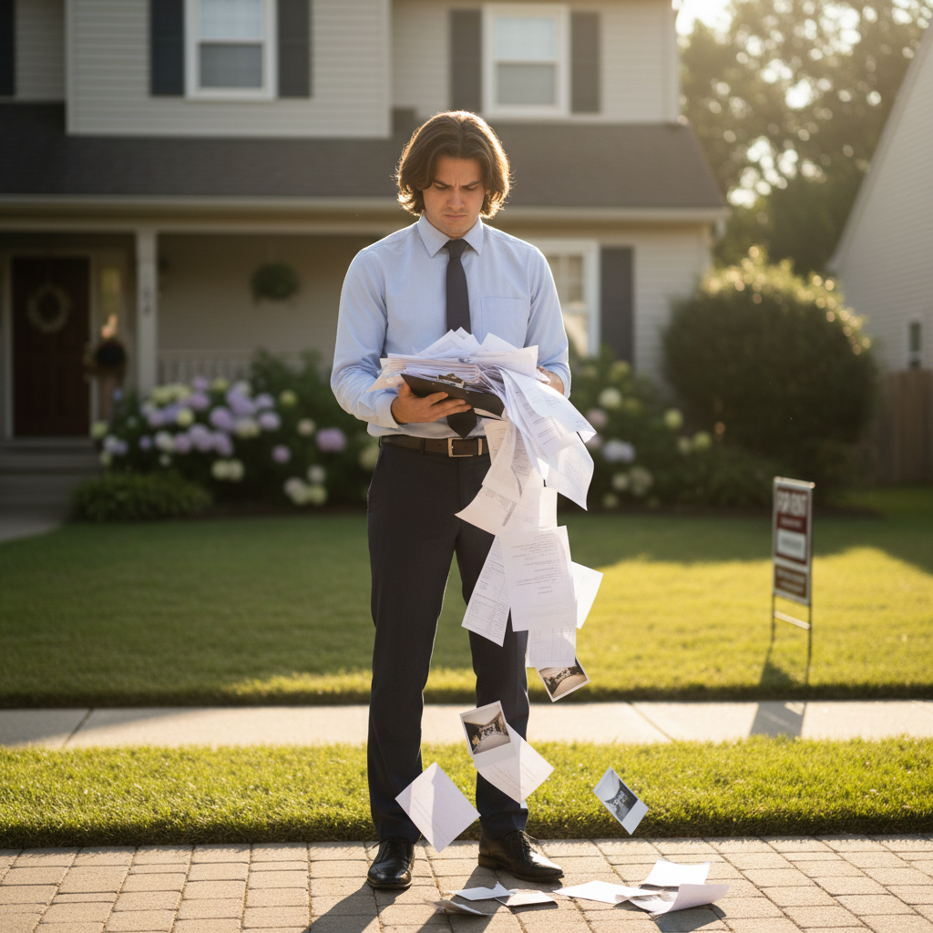Frustrated property manager holding messy clipboard of paper inspection forms in front of rental property