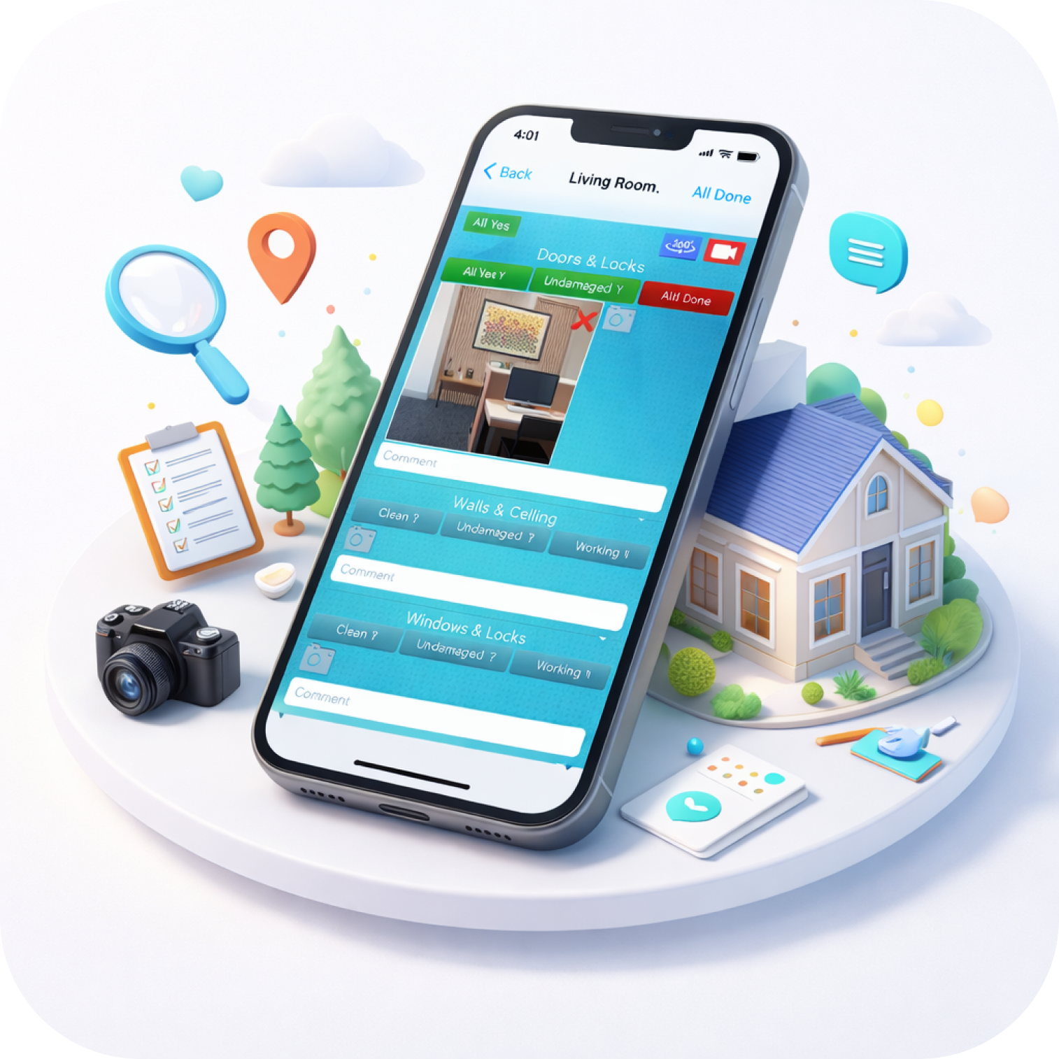 3D illustration of InspectCloud mobile app with house, camera, clipboard, and location icons