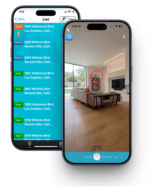InspectCloud mobile app on two iPhones showing the inspection address list and an annotated property photo