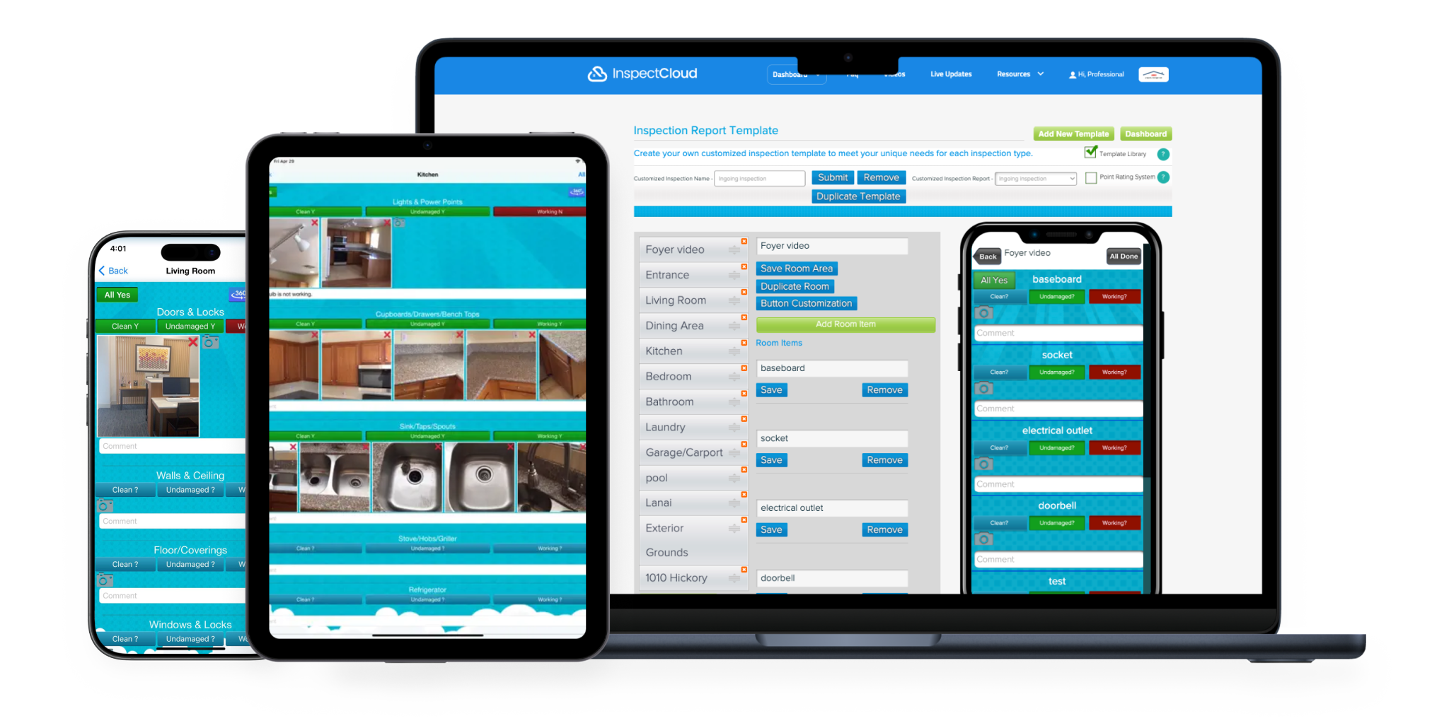 InspectCloud running on iPhone, iPad, and laptop showing inspection dashboard and checklists