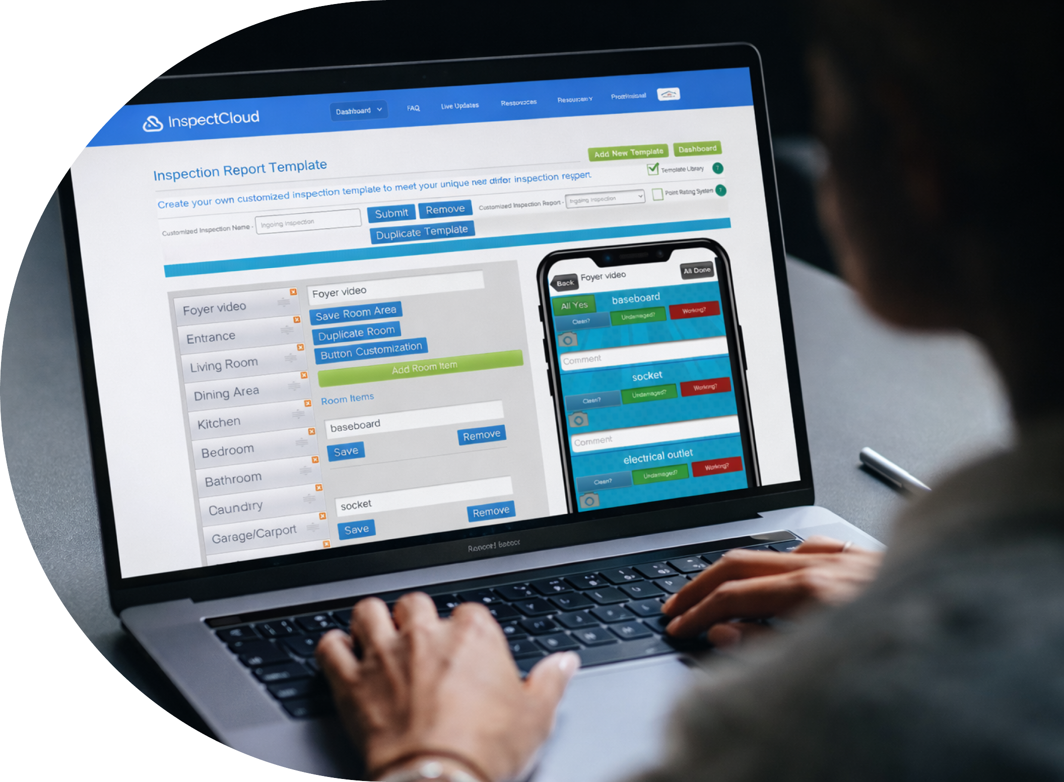 Property manager using InspectCloud template builder on laptop with mobile app